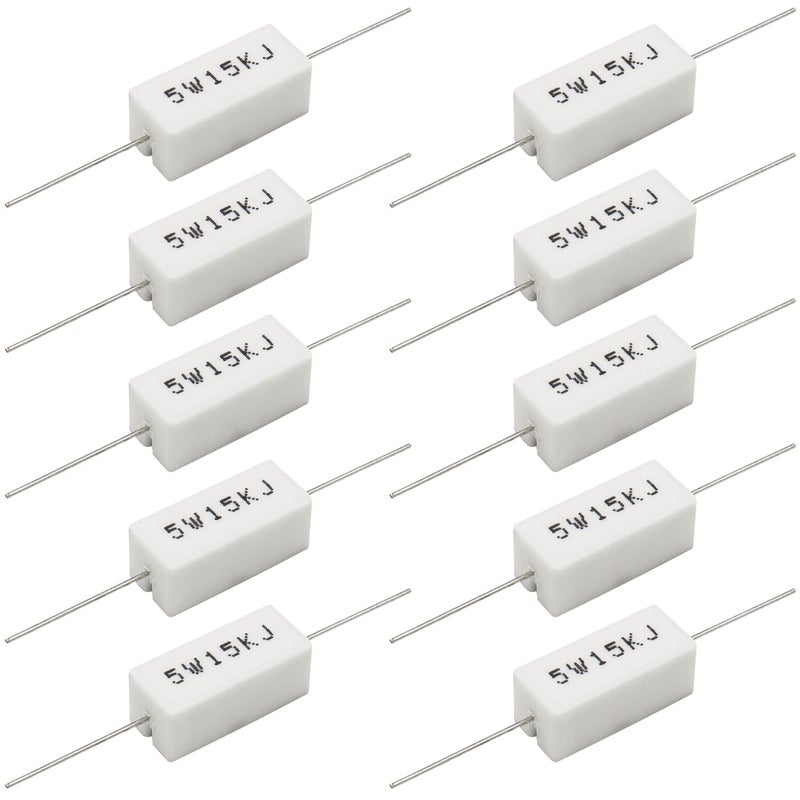 Dimlove Cement Resistor 10 PCS 5W 15K Ohm 5% Axial Lead Wire Resistor White Wound Fixed Ceramic Cement Resistors Wirewound Cement Power Resistors Flame Heat Moisture Resistance Precharge Horizontal Resistors - Image 1